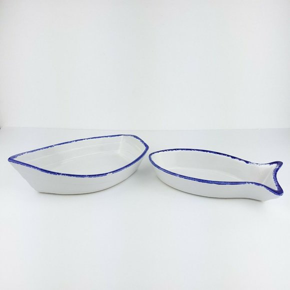 Fish Boat Shaped White Blue Ceramic Serving Dishes Made In Portugal Set Of 2 - Picture 10 of 12